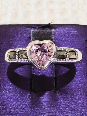 Vintage Bezel Set PINK Heart Solitaire Marcasite Sterling Silver Ring